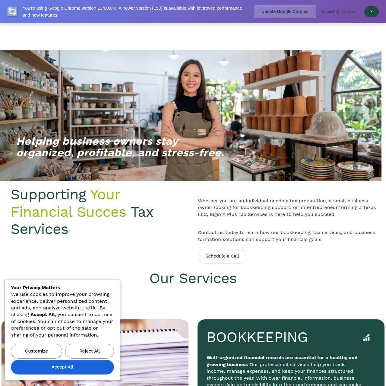 Sitio web Bigio A Plus Services — firma de servicios contables y fiscales en Texas